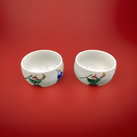 Other - Pair Tea Cups Porcelain Hand Painted Oriental Sake Mugs 3" Diameter Set